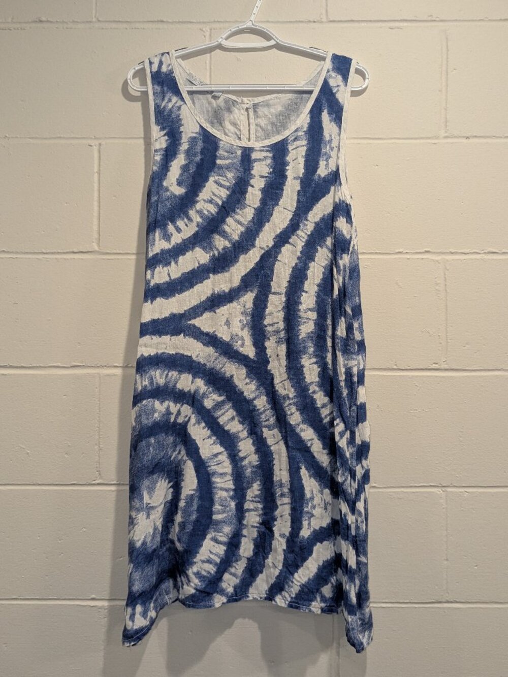 Vasna Linen Dress Large Blue White Tie Dye Airy Boho Euro Summer Coast Beach